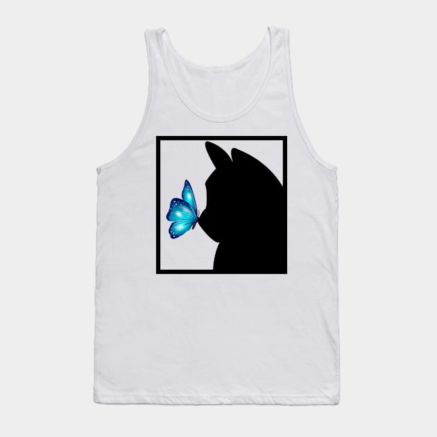 Blue Butterfly sitting on nose of Black Cat Tank Top by Blue Butterfly Designs 